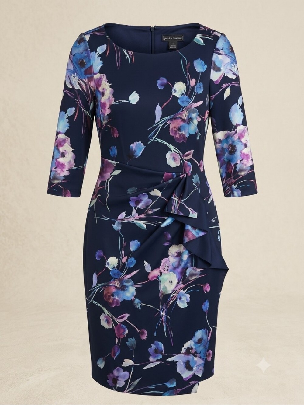Jessica Howard Floral Sheath Dress Sz 10 Navy Blue Purple Watercolor Ruched